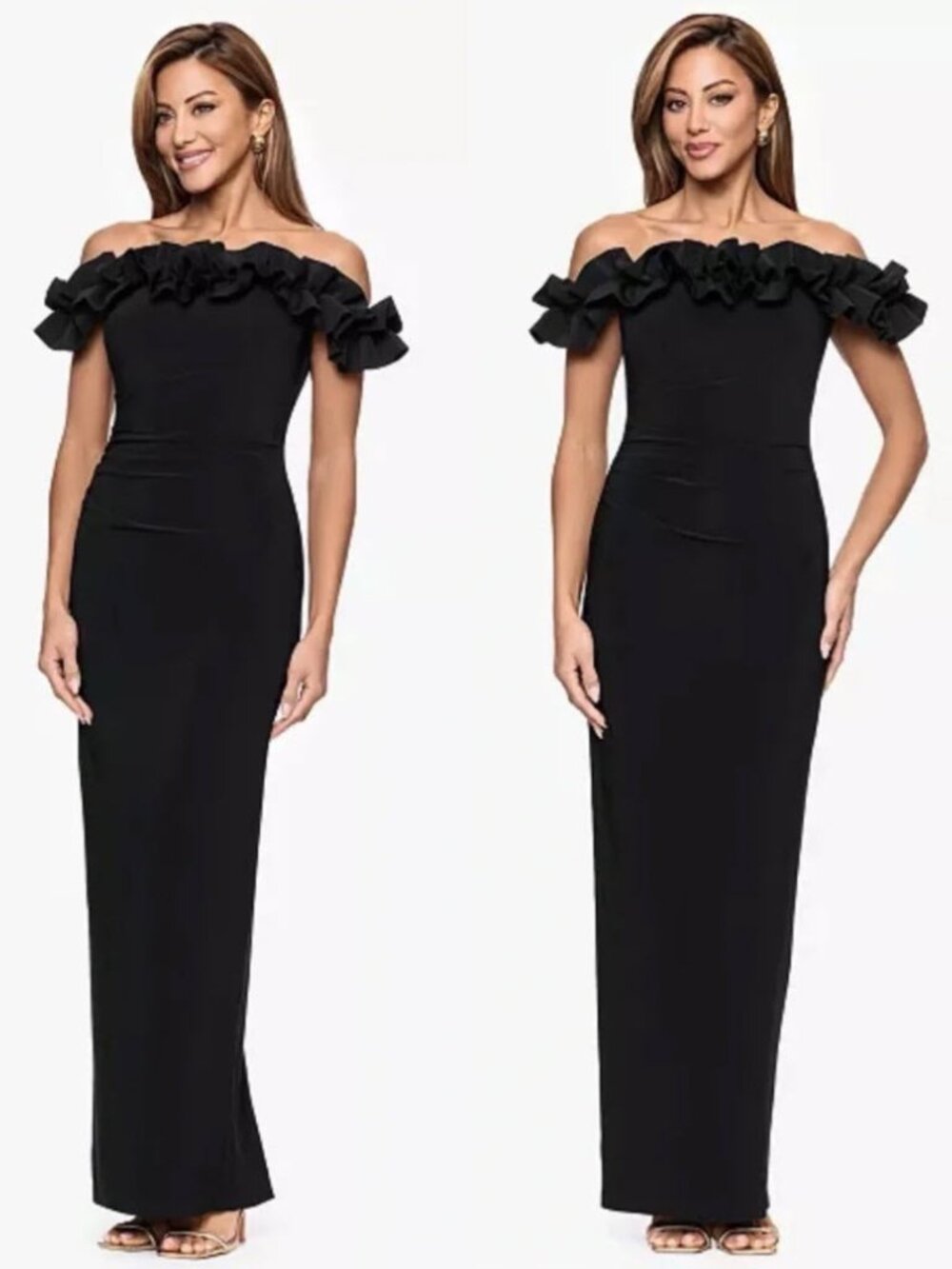 Xscape Off-the-Shoulder Ruffle Scuba Knit Gown Maxi Gown Blue Size 16